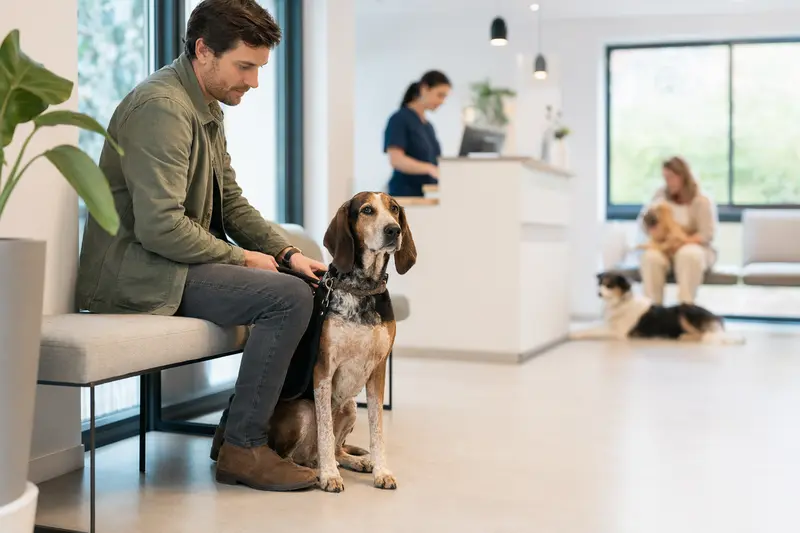 Ein Griechischer Laufhund sitzt ruhig neben seinem Besitzer im hellen Wartezimmer einer modernen Tierarztpraxis.